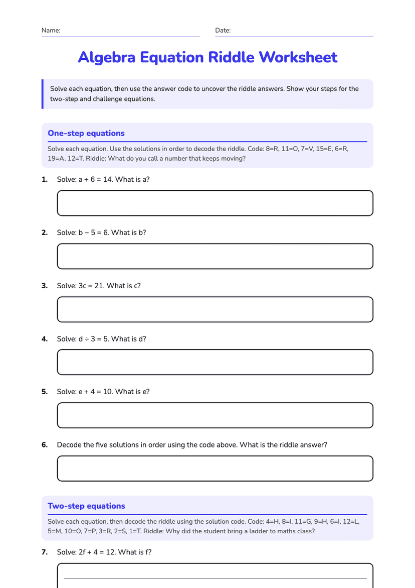 Algebra Equation Riddle Worksheet