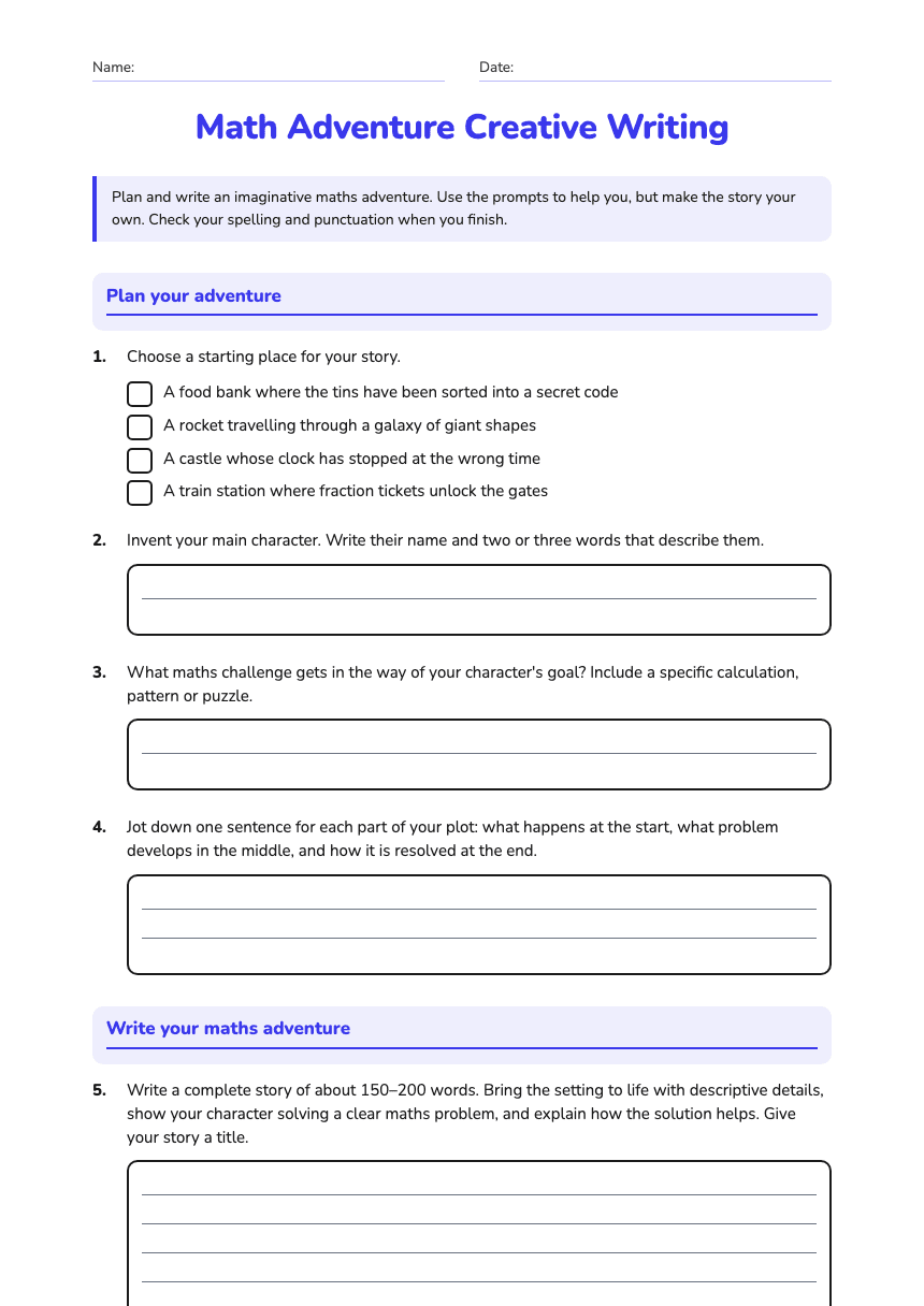 Math Adventure Creative Writing worksheet preview