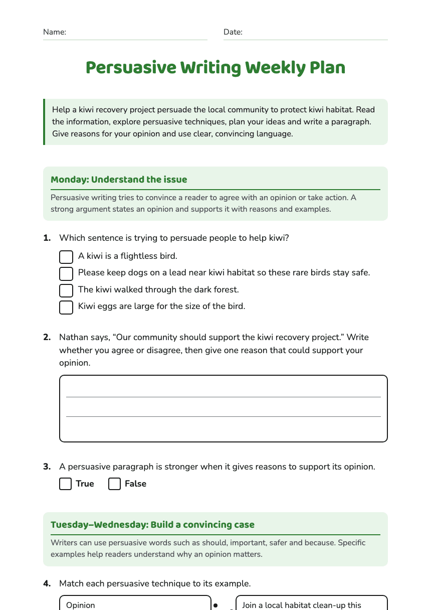 Persuasive Writing Weekly Plan worksheet preview