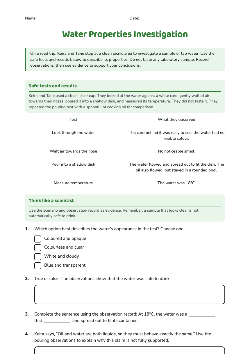 Water Properties Investigation worksheet preview