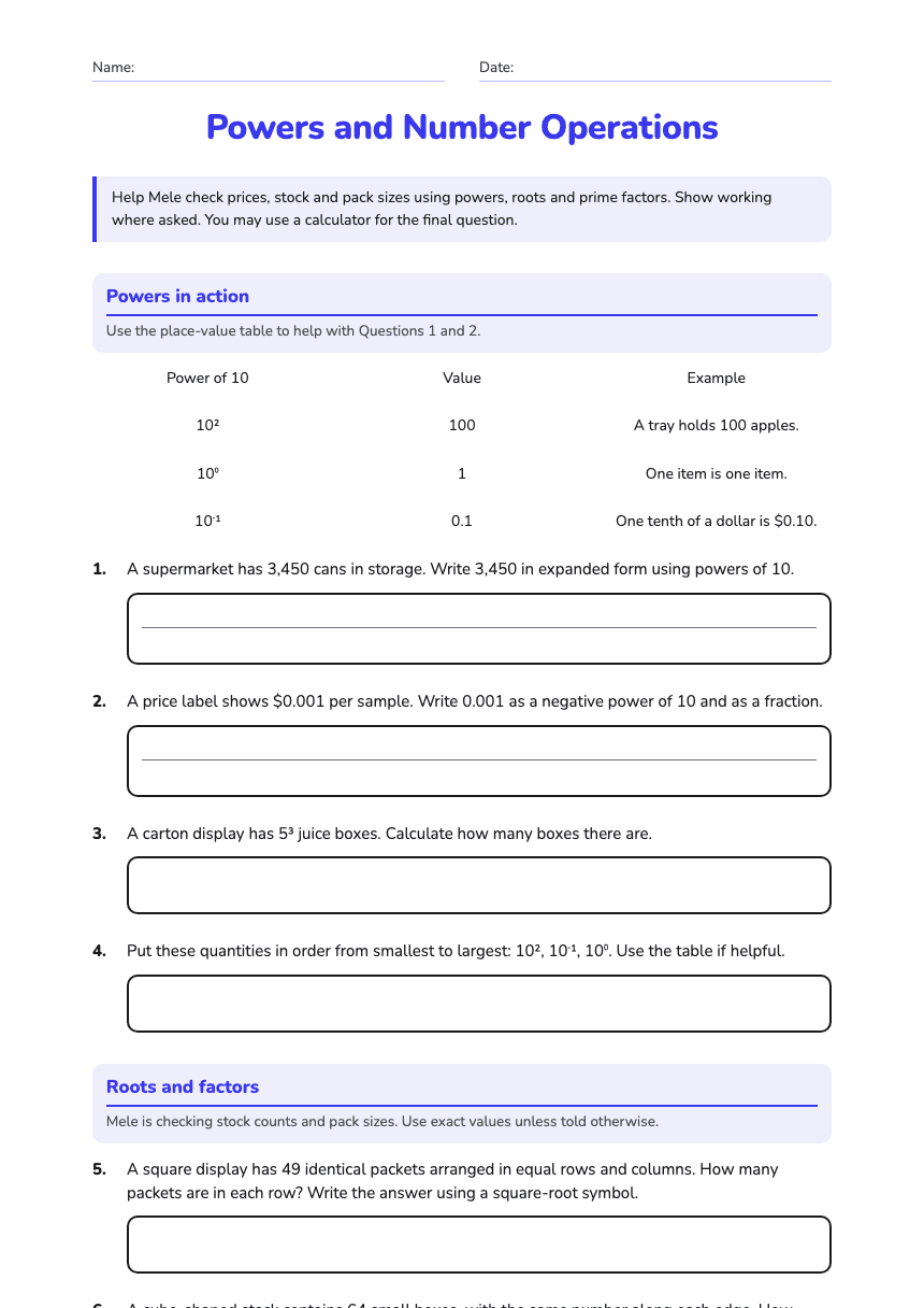 Powers and Number Operations worksheet preview