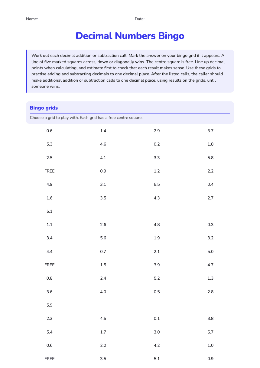 Decimal Numbers Bingo worksheet preview