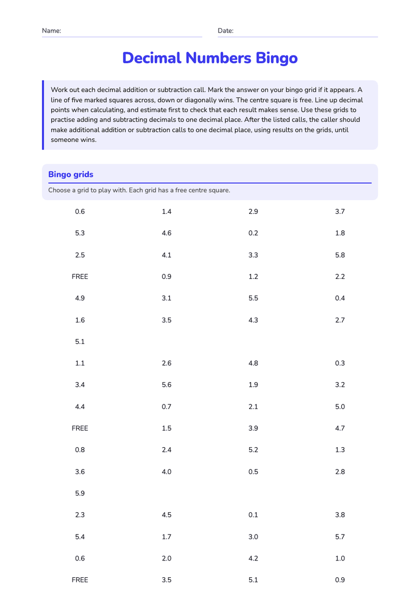 Decimal Numbers Bingo