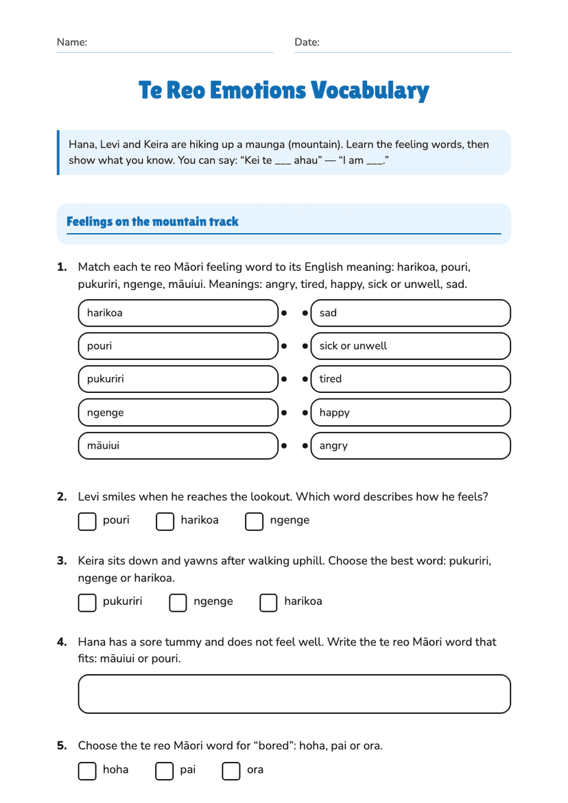 Te Reo Emotions Vocabulary