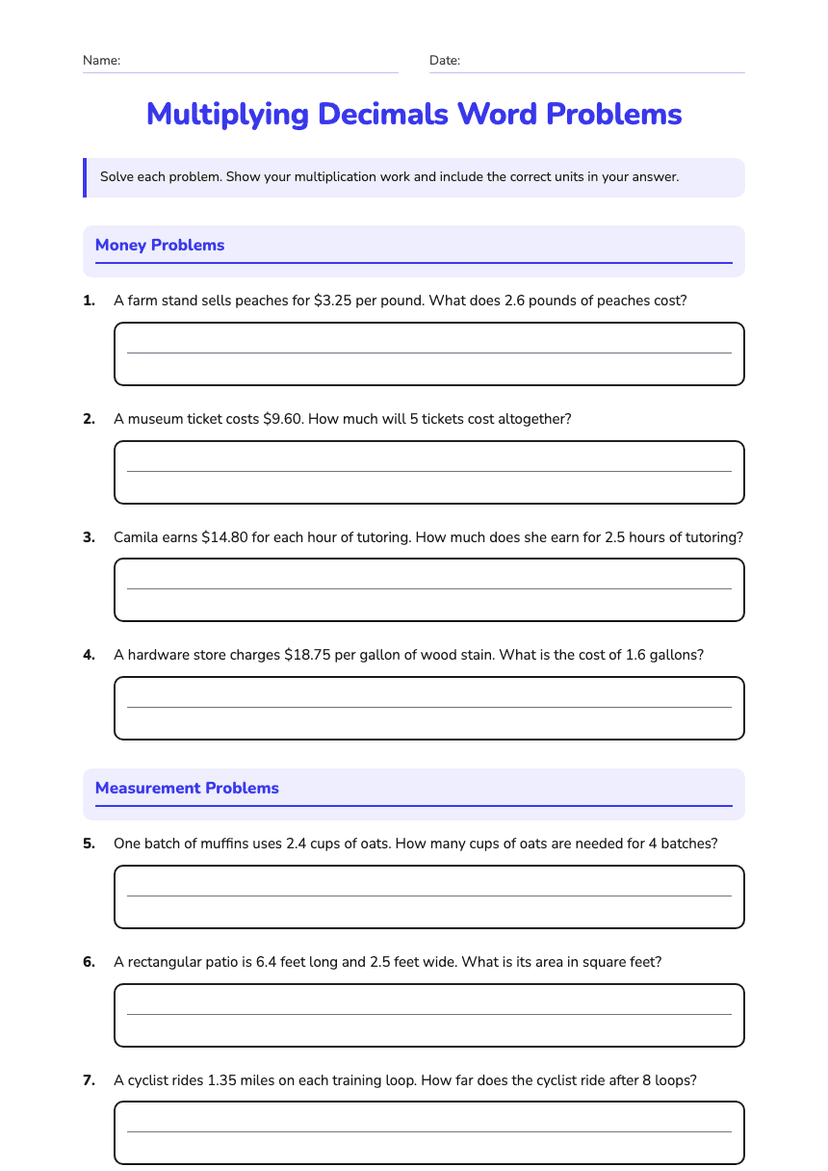 Multiplying Decimals Word Problems