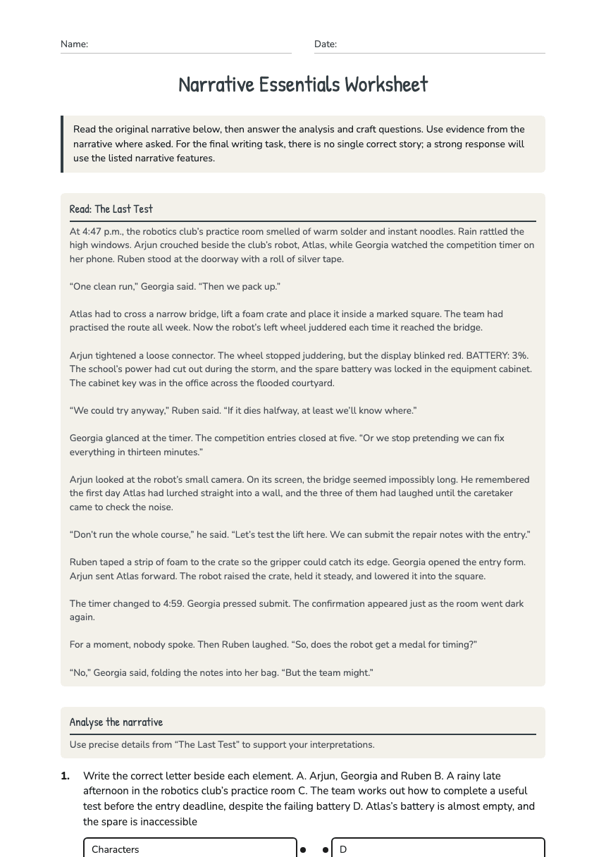 Narrative Essentials Worksheet worksheet preview