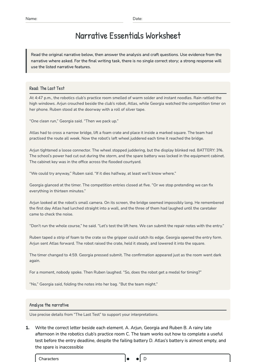 Narrative Essentials Worksheet