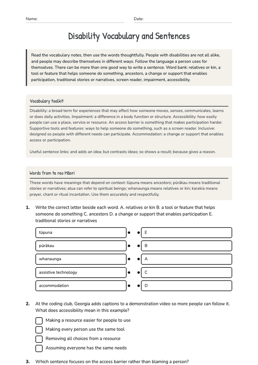 Disability Vocabulary and Sentences