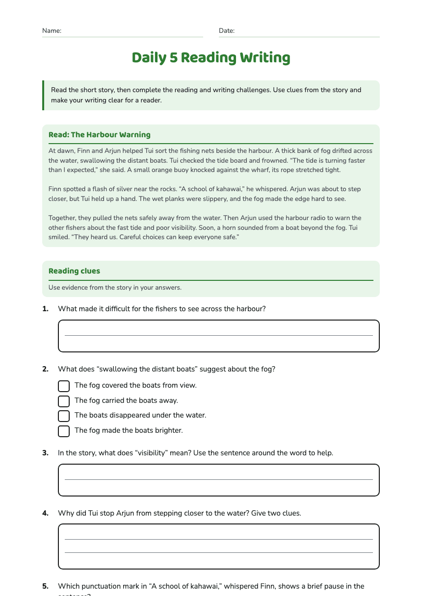 Daily 5 Reading Writing worksheet preview