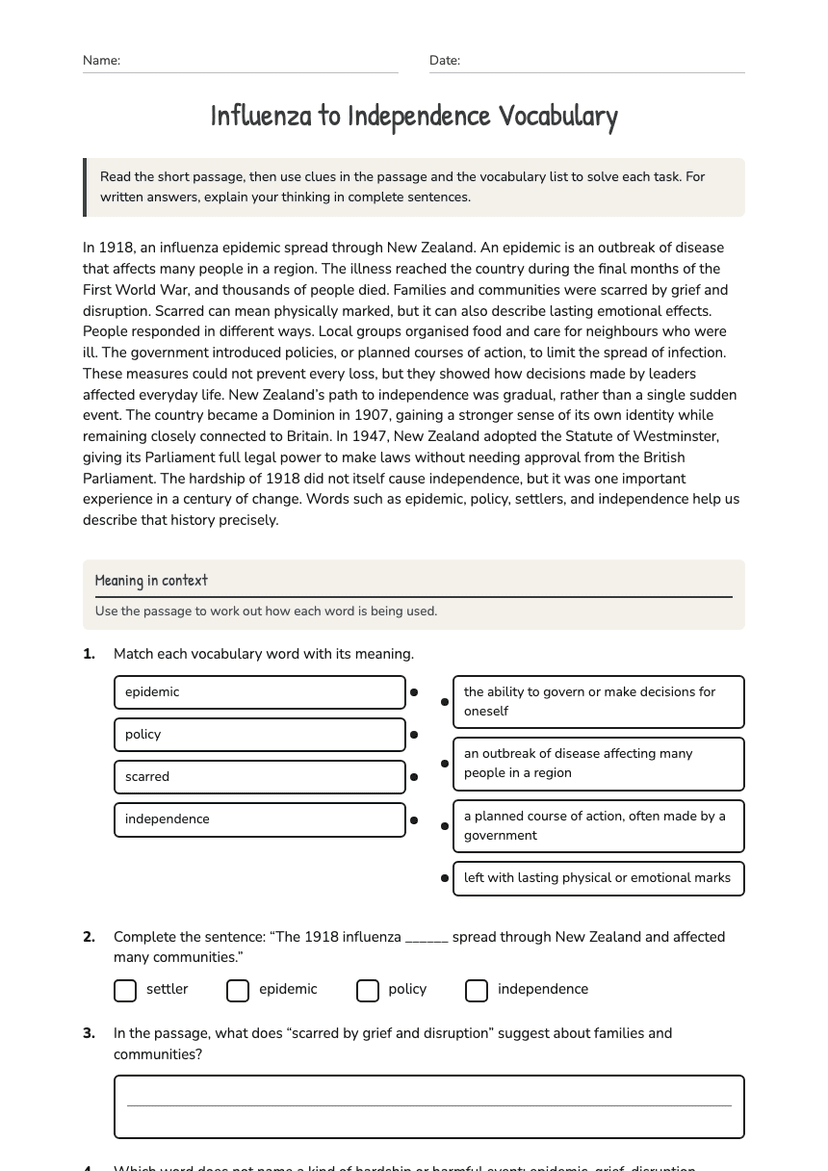 Influenza to Independence Vocabulary