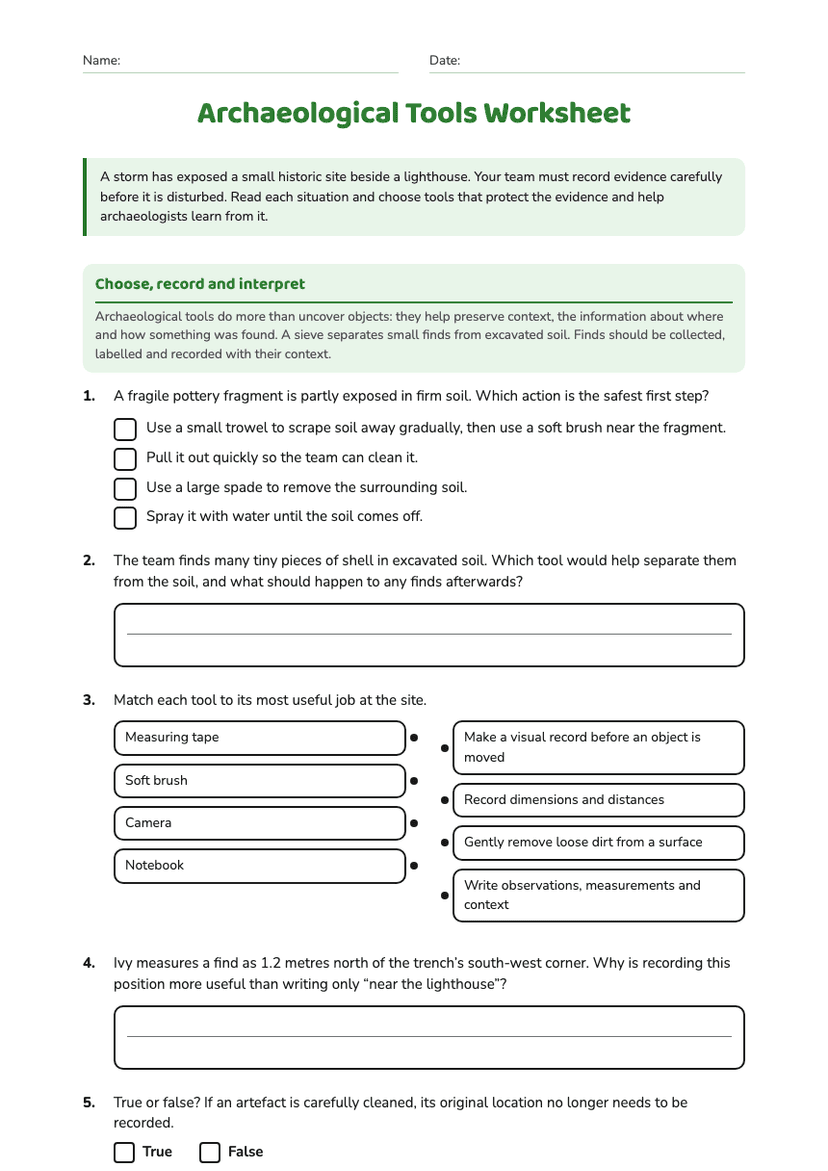 Archaeological Tools Worksheet