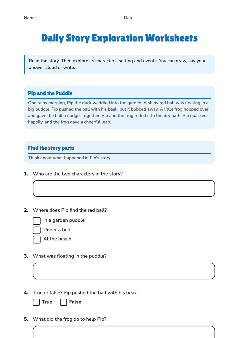 Daily Story Exploration Worksheets