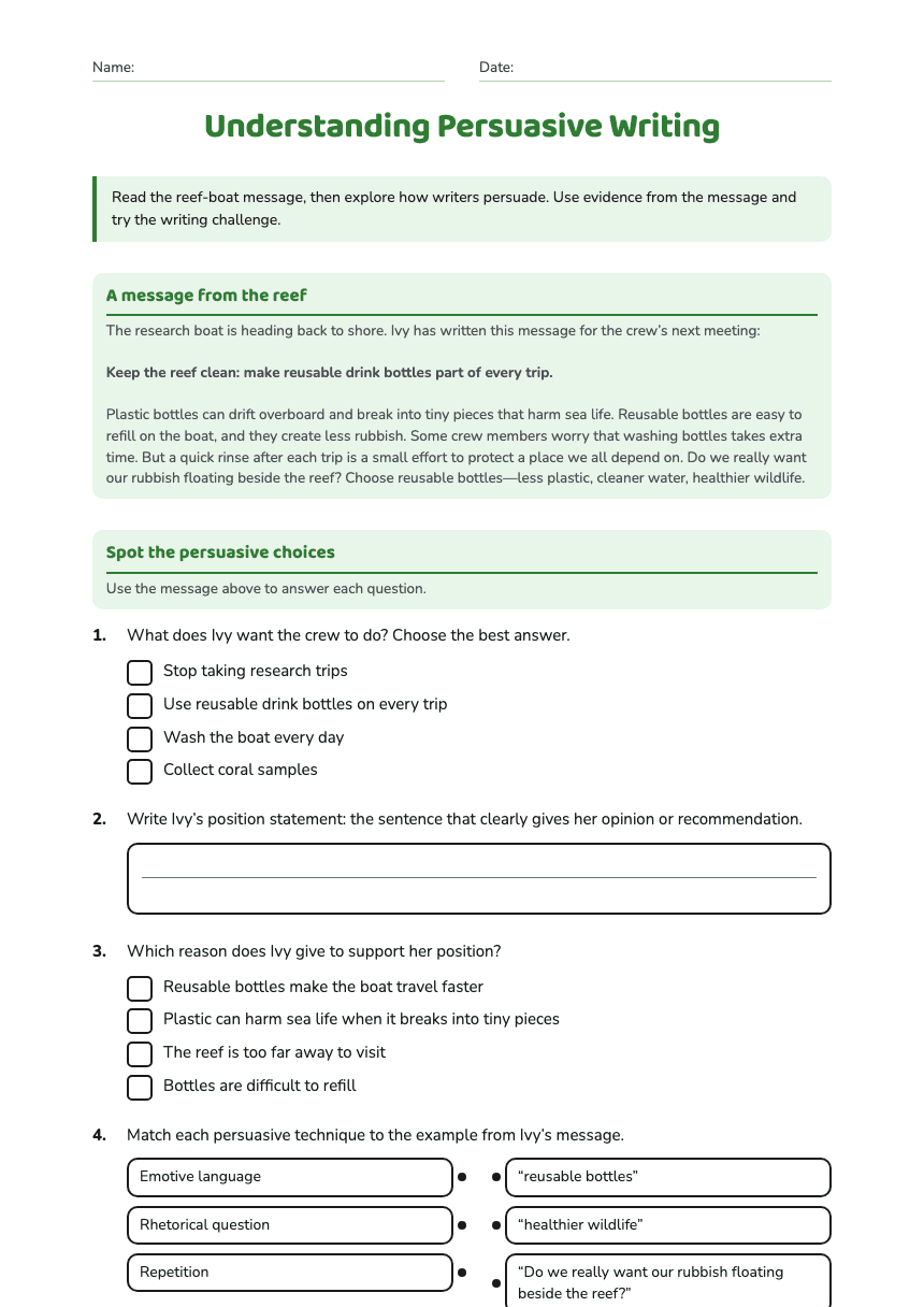 Understanding Persuasive Writing worksheet preview