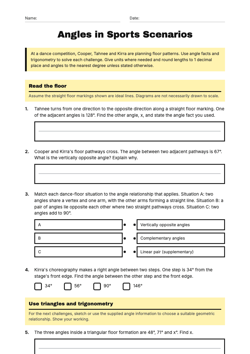 Angles in Sports Scenarios worksheet preview
