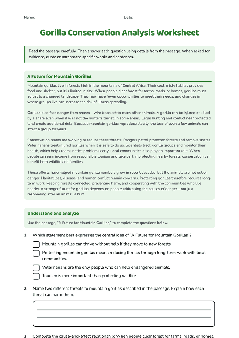 Gorilla Conservation Analysis Worksheet