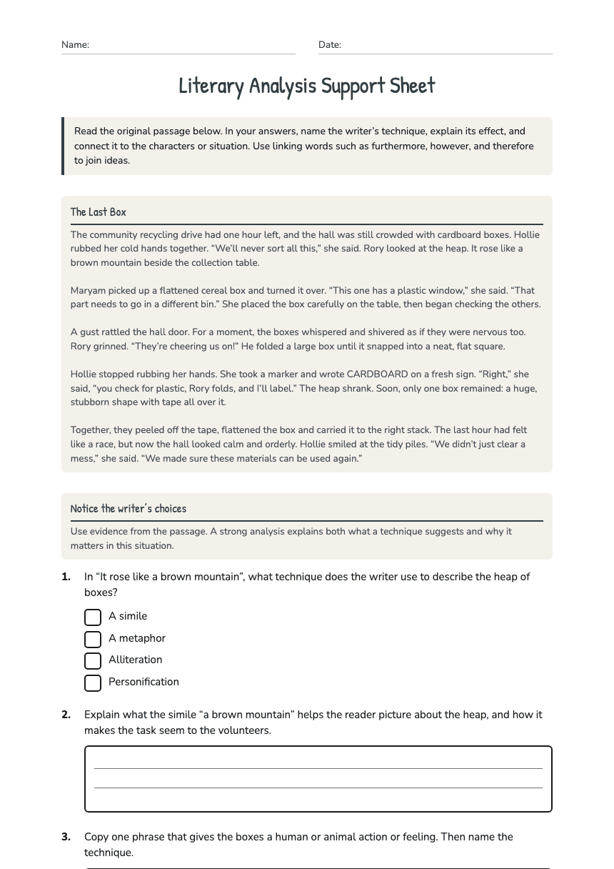 Literary Analysis Support Sheet worksheet preview