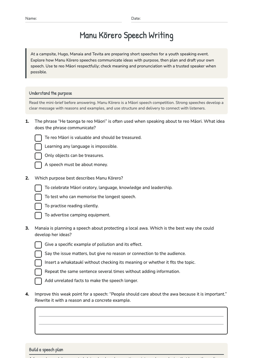 Manu Kōrero Speech Writing worksheet preview