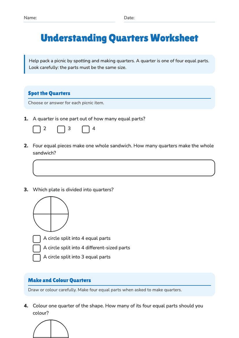 Understanding Quarters Worksheet