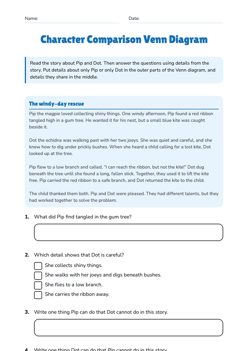 Character Comparison Venn Diagram worksheet preview