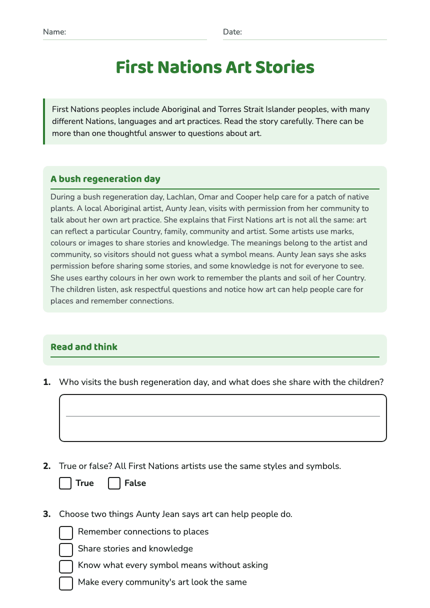 First Nations Art Stories worksheet preview