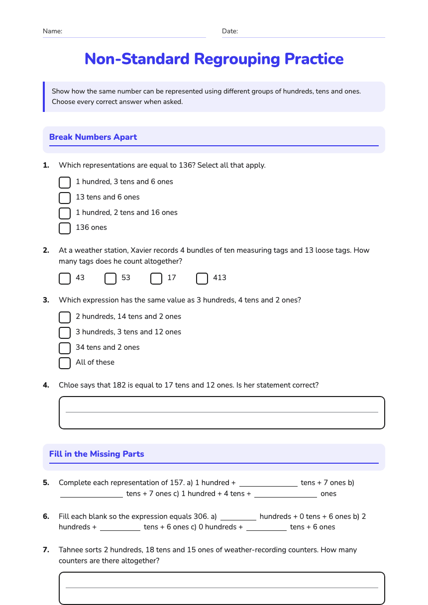 Non-Standard Regrouping Practice worksheet preview