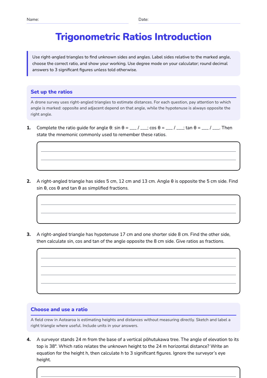 Trigonometric Ratios Introduction worksheet preview