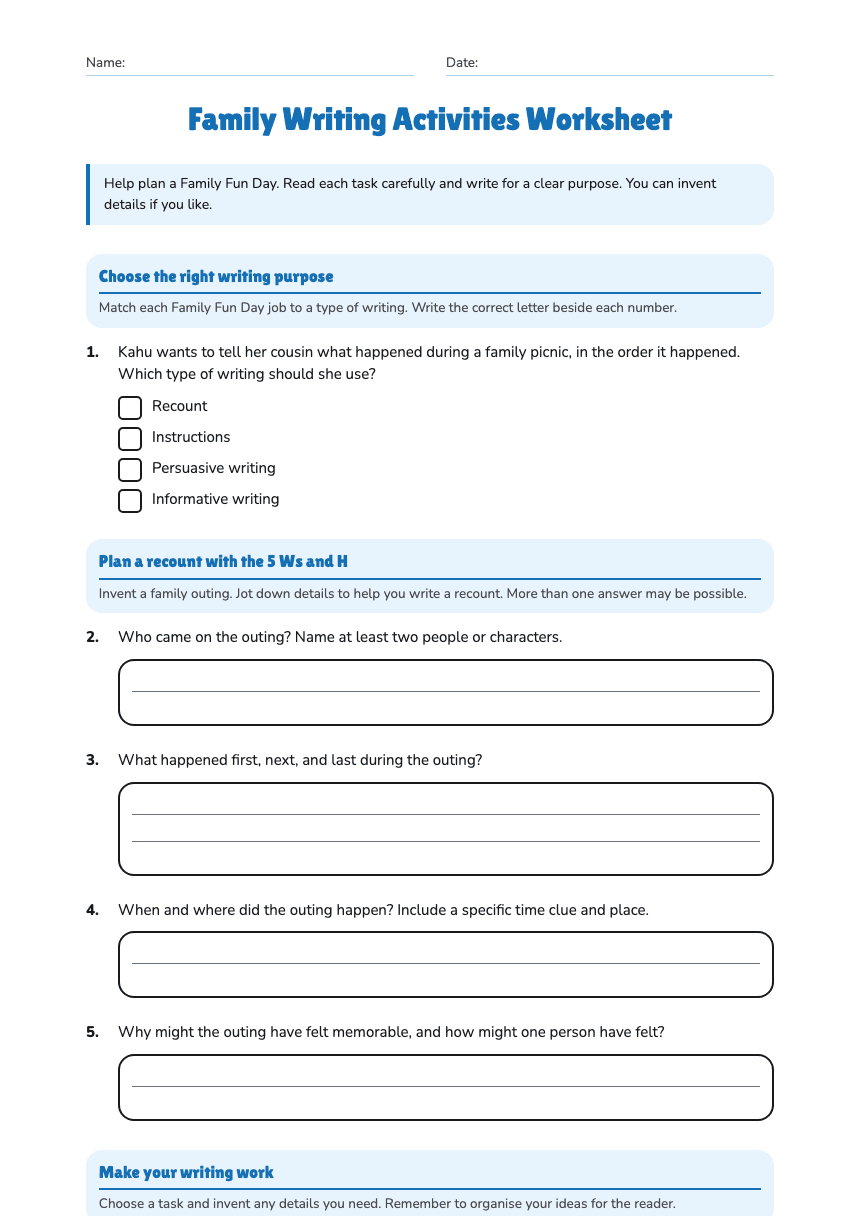 Family Writing Activities Worksheet worksheet preview