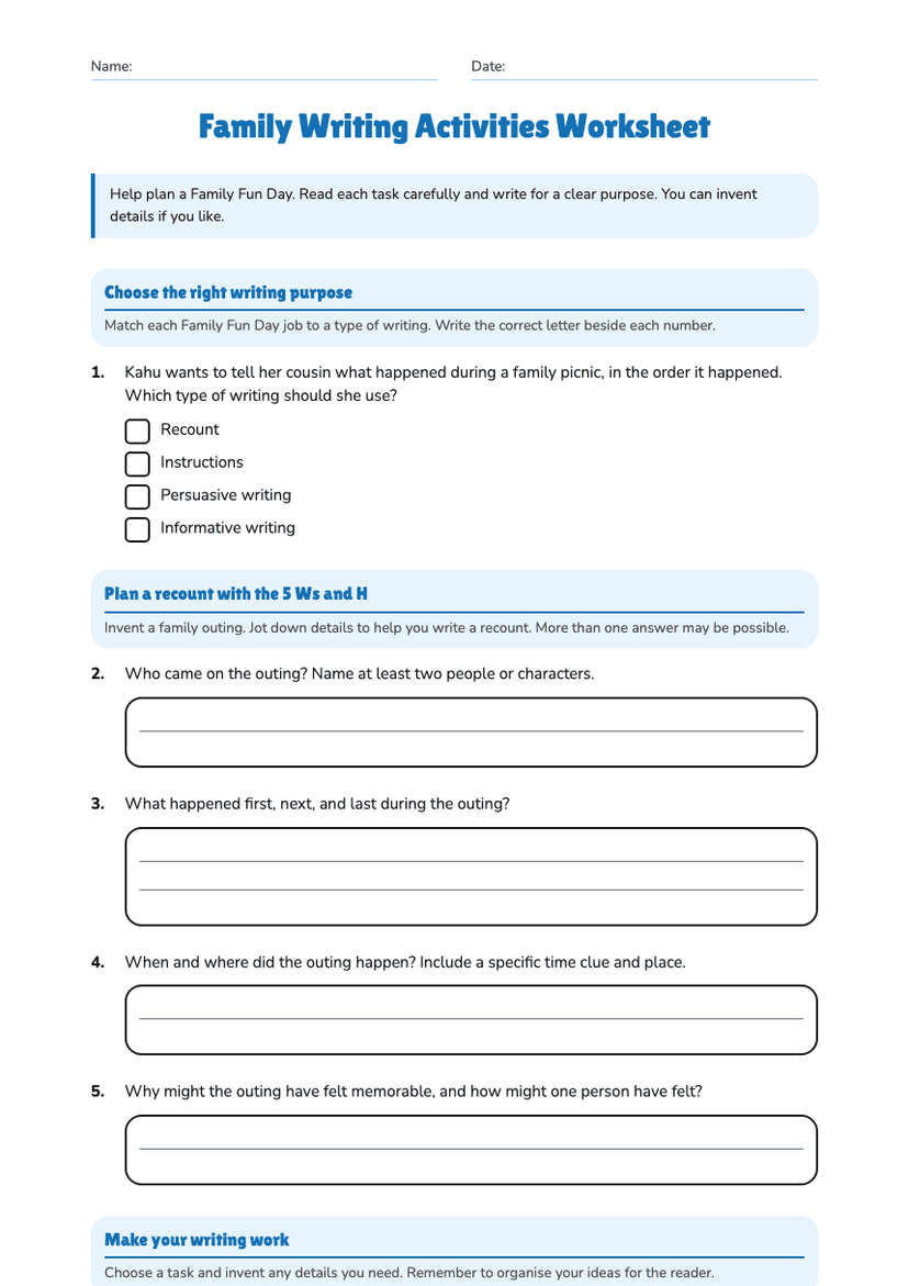 Family Writing Activities Worksheet