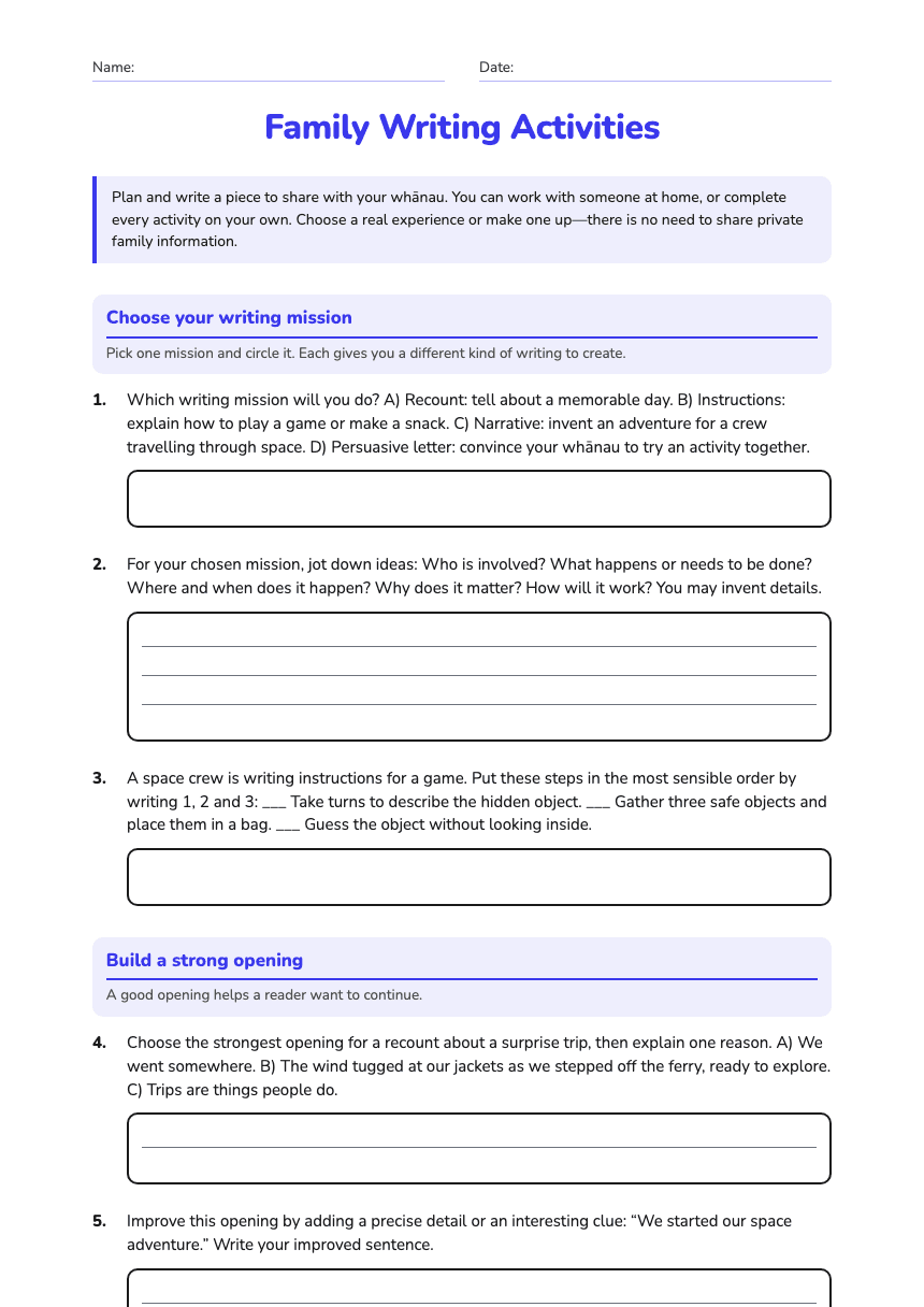 Family Writing Activities worksheet preview