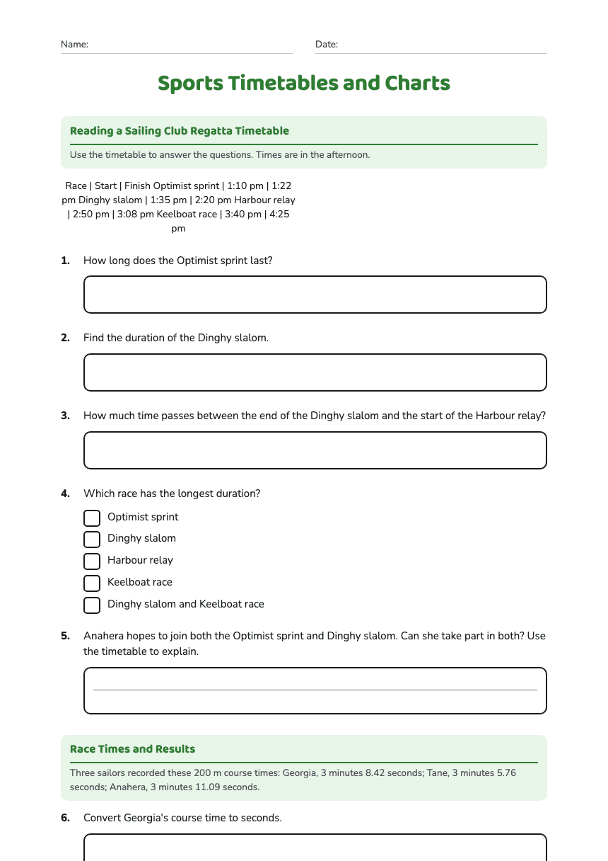 Sports Timetables and Charts worksheet preview