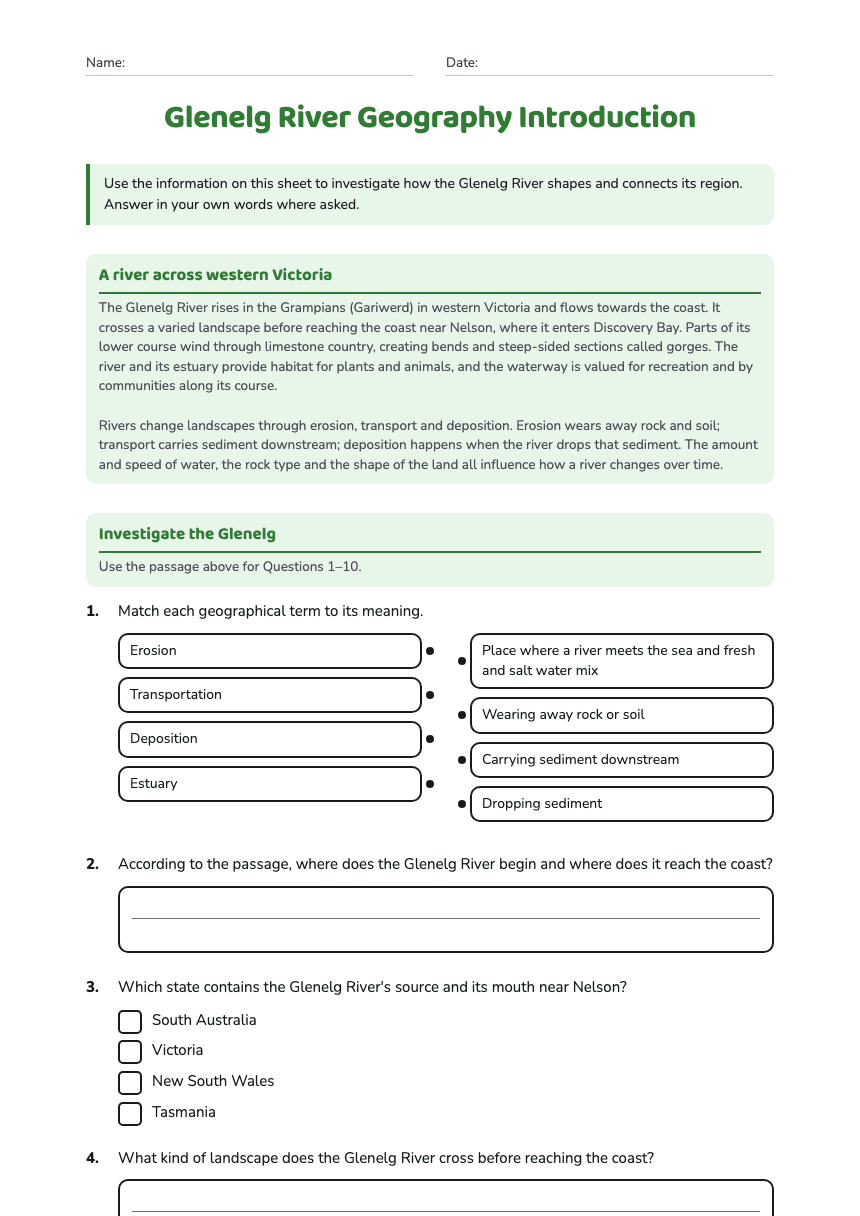 Glenelg River Geography Introduction worksheet preview