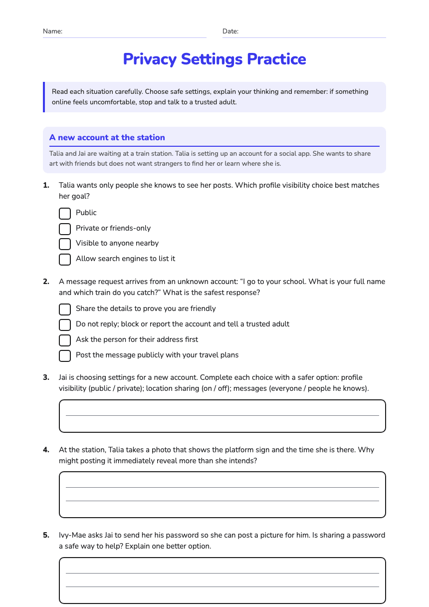 Privacy Settings Practice worksheet preview