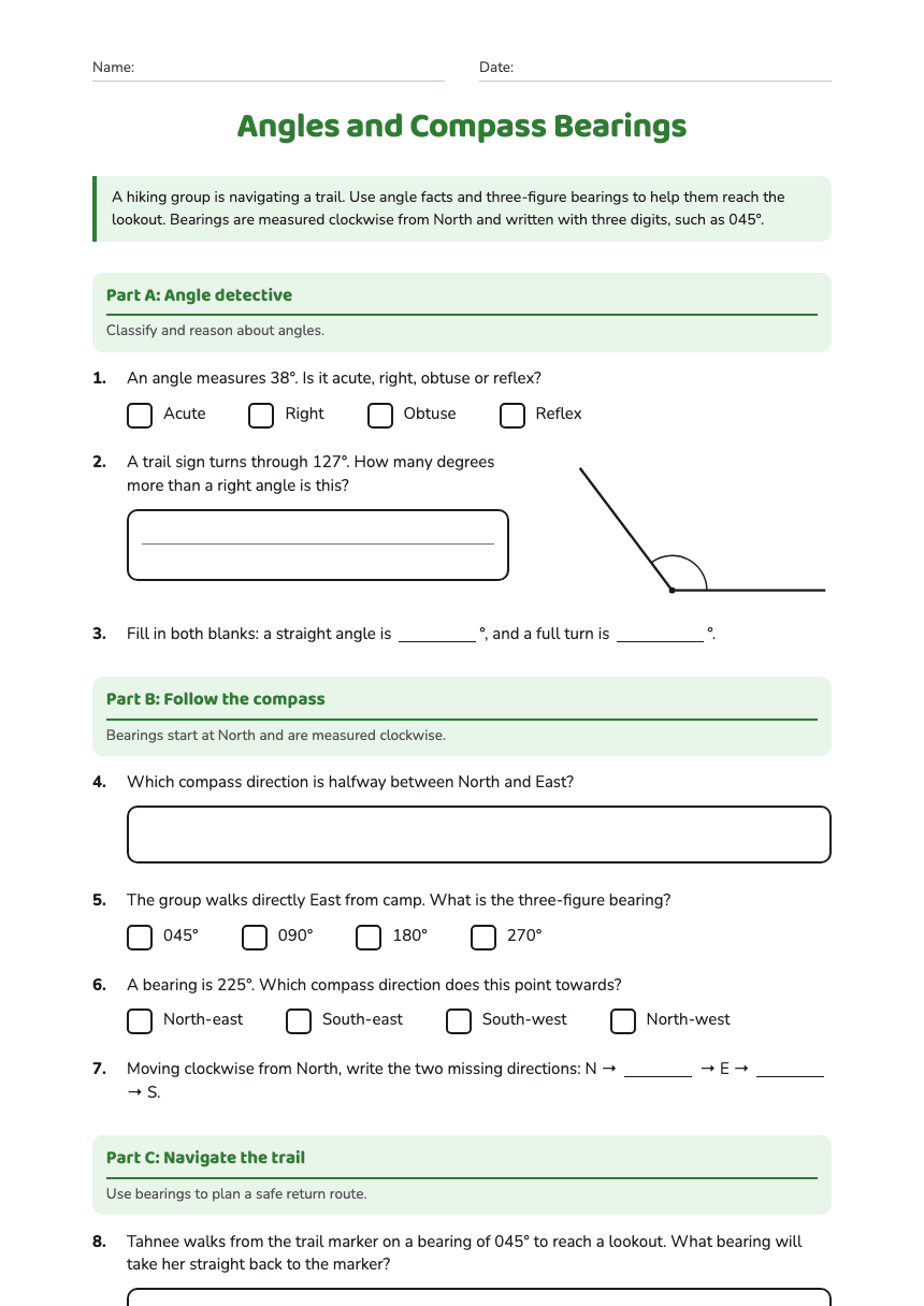 Angles and Compass Bearings worksheet preview