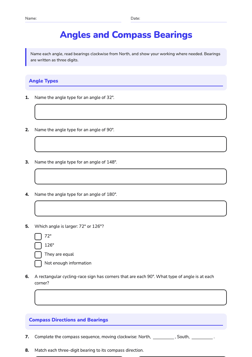 Angles and Compass Bearings worksheet preview