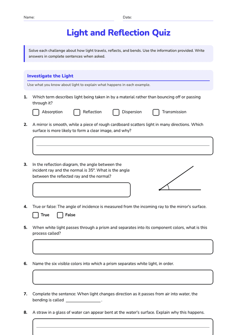 Light and Reflection Quiz