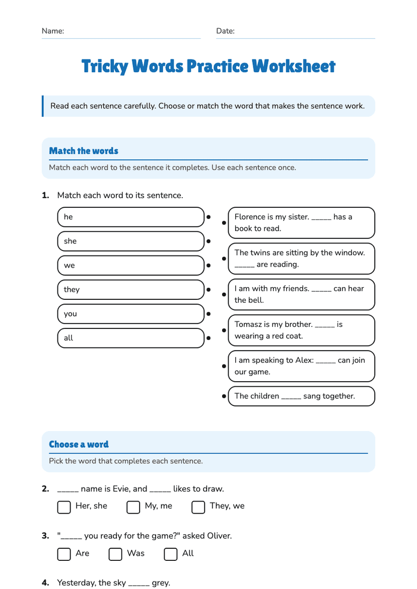 Tricky Words Practice Worksheet