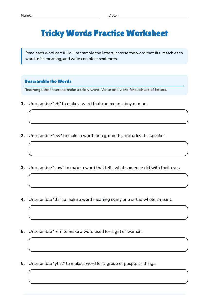 Tricky Words Practice Worksheet worksheet preview