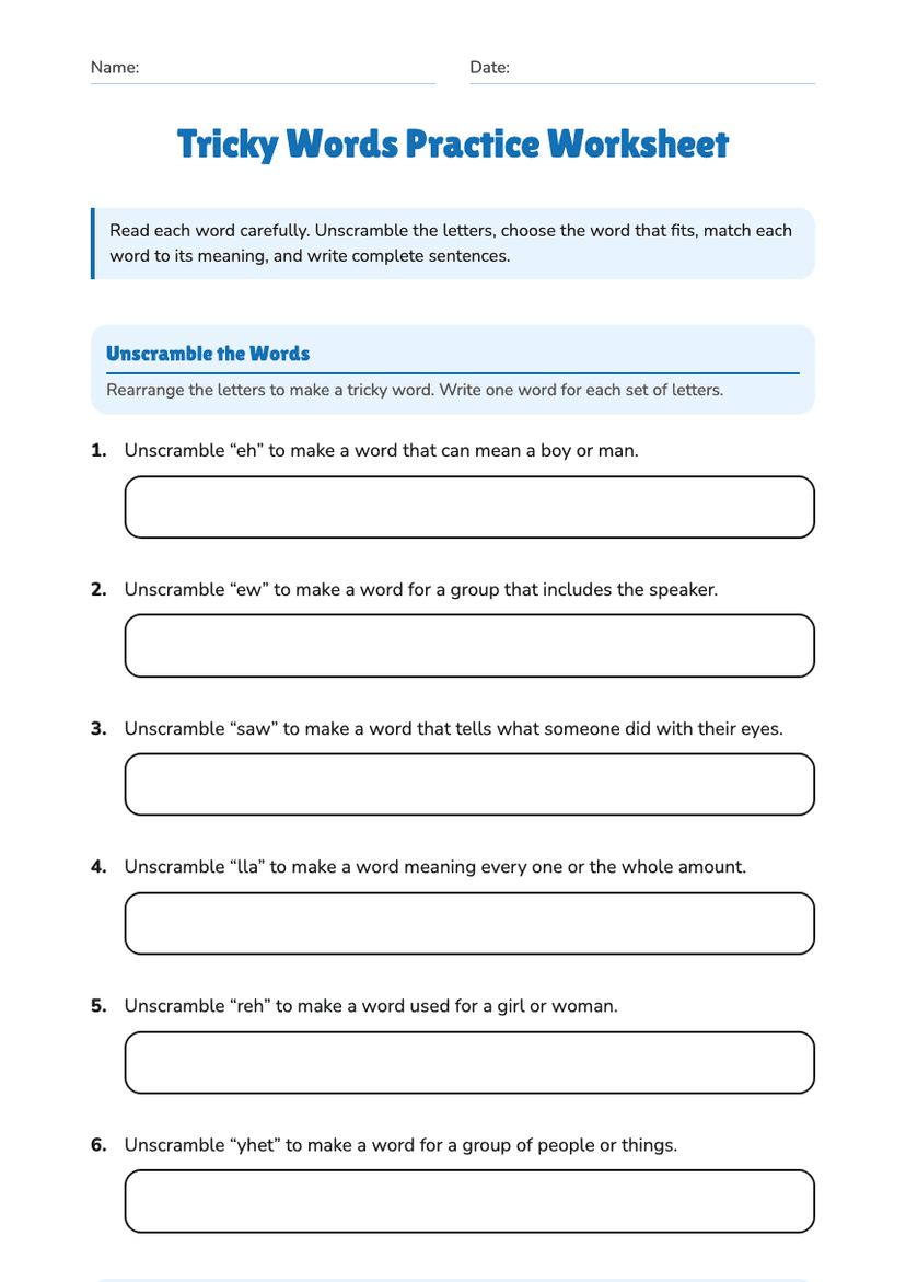 Tricky Words Practice Worksheet