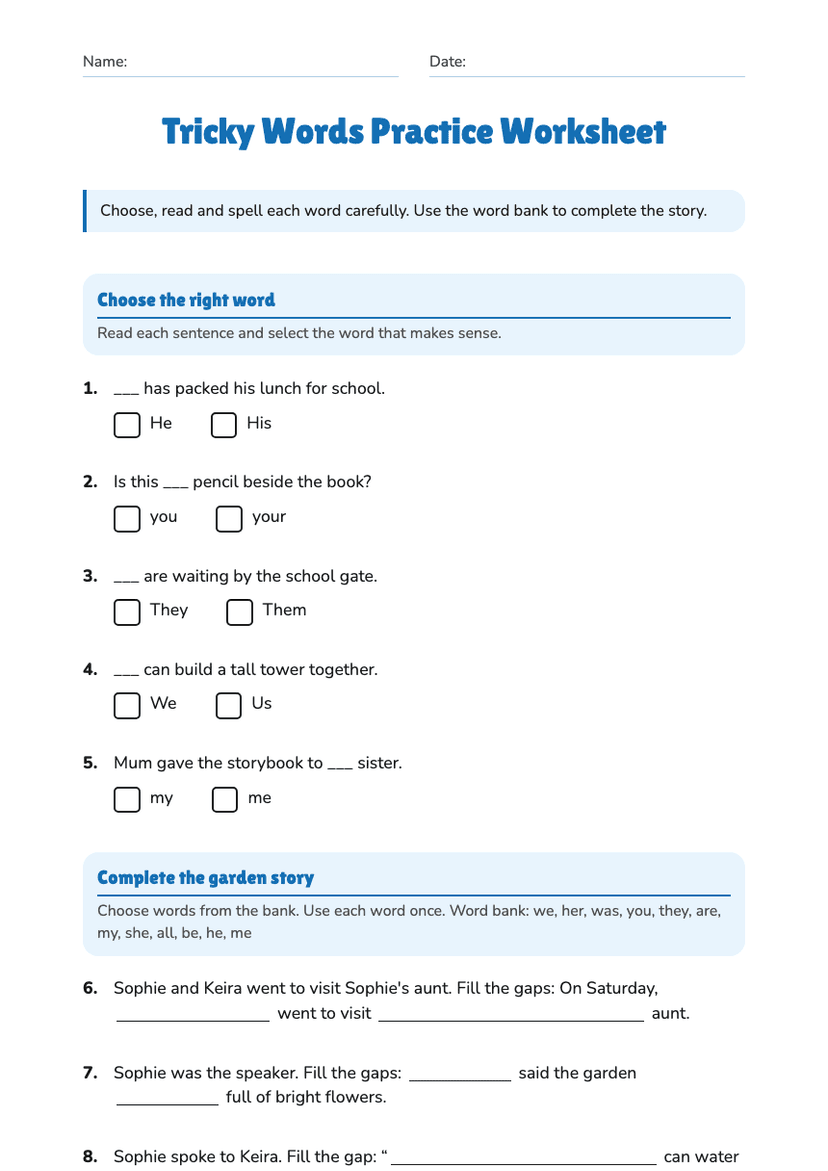Tricky Words Practice Worksheet