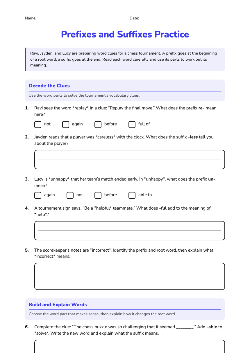 Prefixes and Suffixes Practice worksheet preview