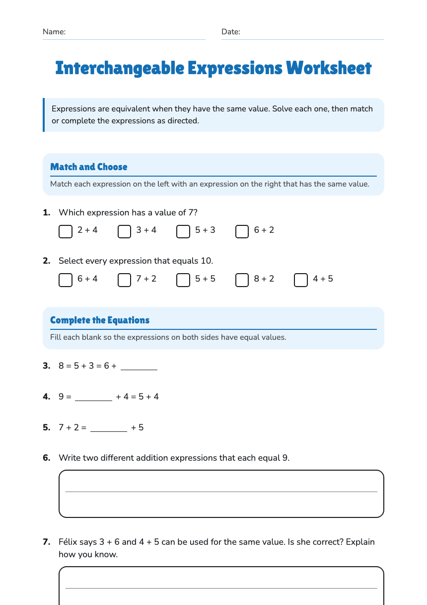 Interchangeable Expressions Worksheet worksheet preview