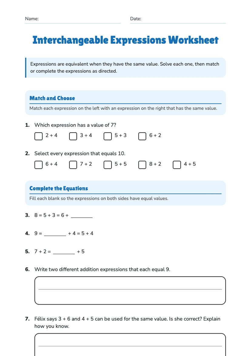 Interchangeable Expressions Worksheet