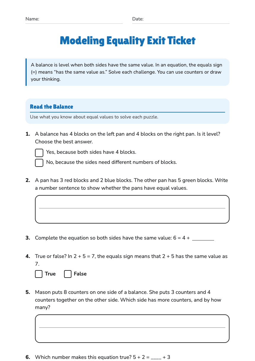 Modeling Equality Exit Ticket worksheet preview