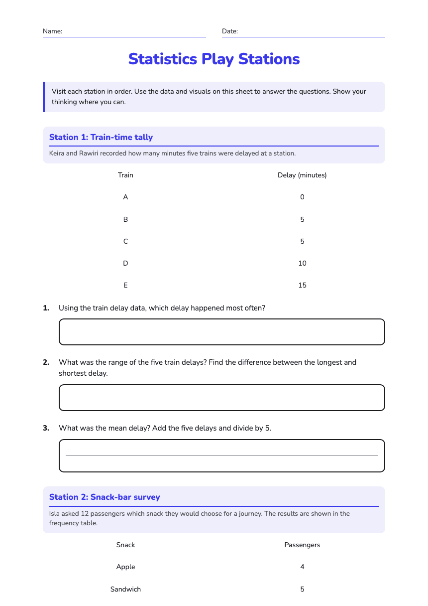 Statistics Play Stations worksheet preview