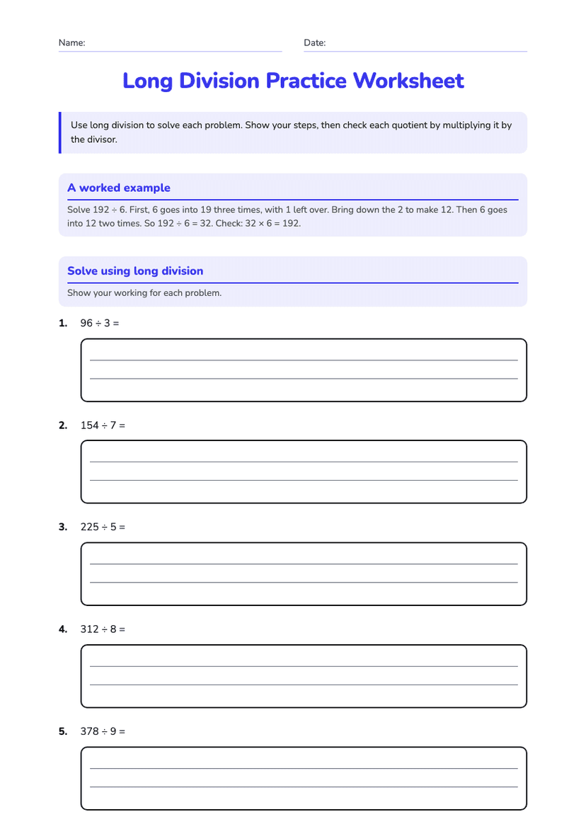 Long Division Practice Worksheet