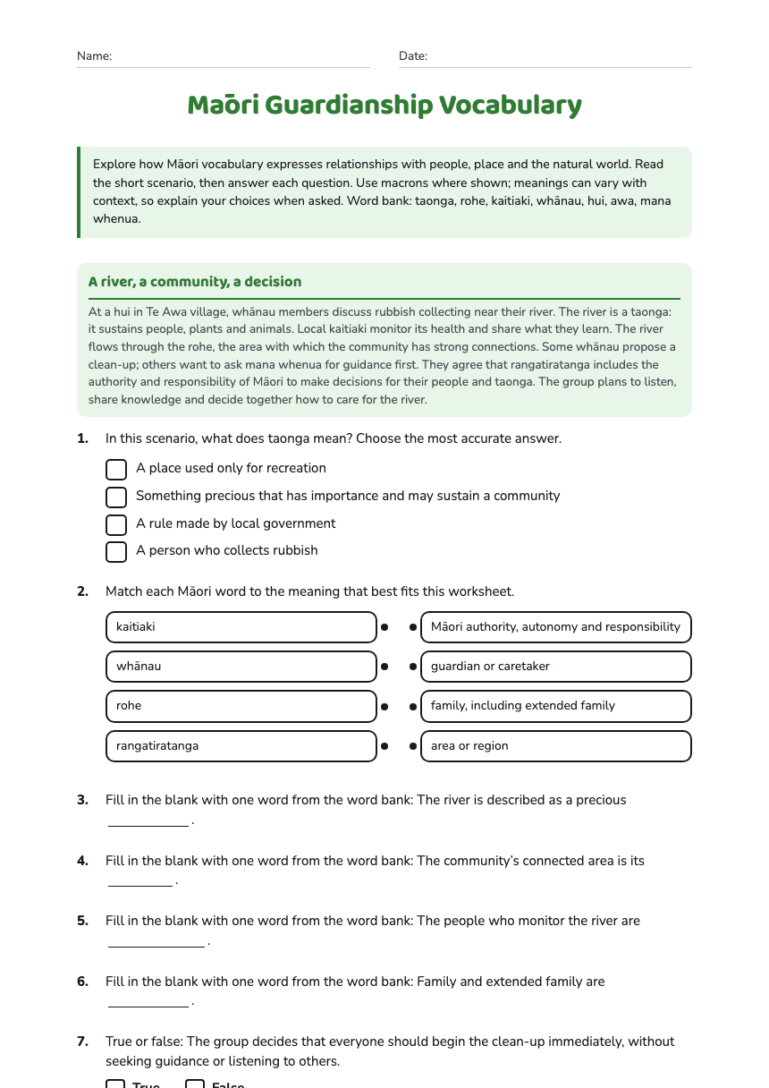 Māori Guardianship Vocabulary worksheet preview
