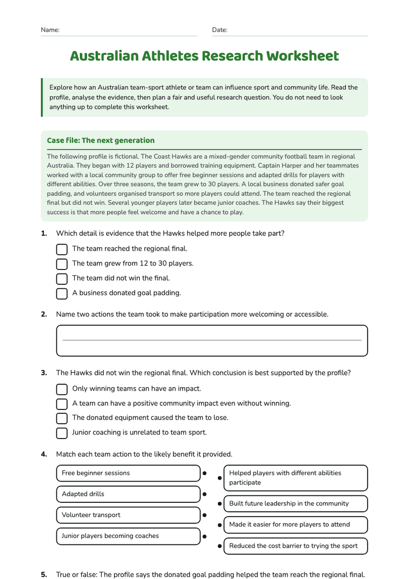 Australian Athletes Research Worksheet