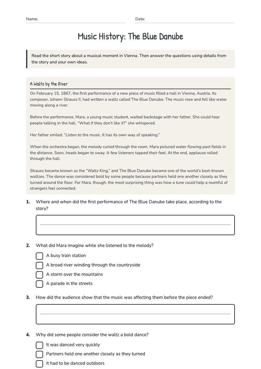 Music History: The Blue Danube worksheet preview