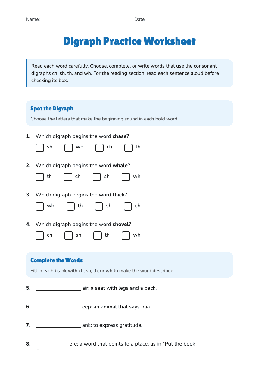 Digraph Practice Worksheet worksheet preview