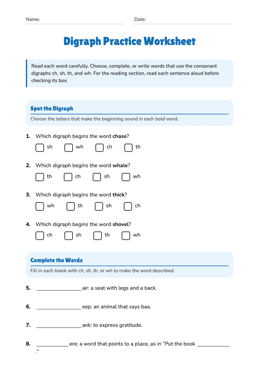 Digraph Practice Worksheet